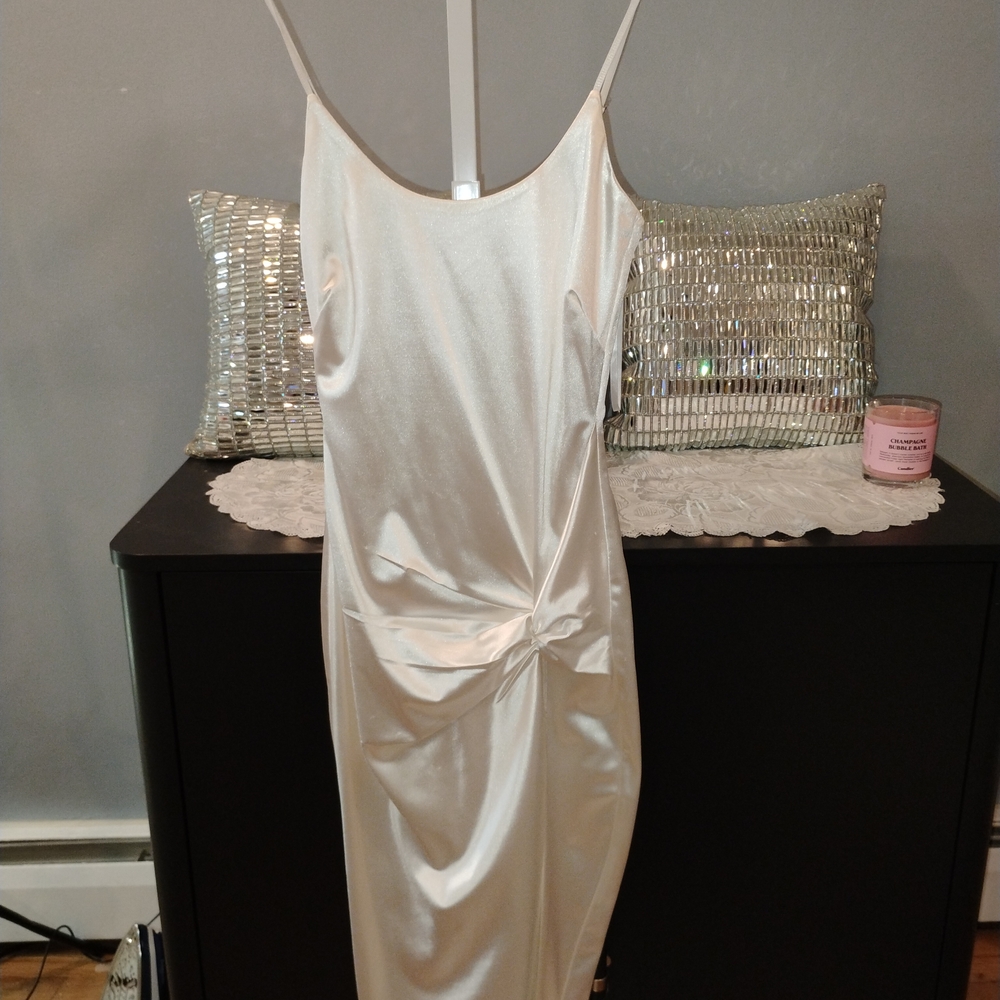 Pre Owned Akira Elegant White Satin Slip Dress With A Deep Slit On The Leg